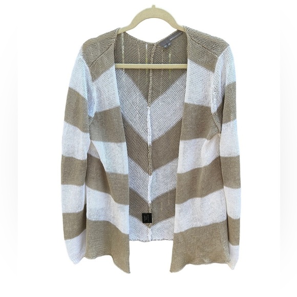 360 SWEATER BEIGE STRIPED LINEN BLEND CARDIGAN - Picture 1 of 4